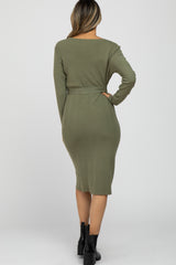 Light Olive Ribbed Knit Waist Tie Midi Dress