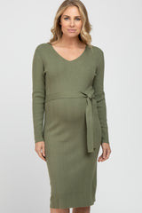 Light Olive Ribbed Knit Waist Tie Maternity Midi Dress