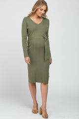 Light Olive Ribbed Knit Waist Tie Maternity Midi Dress