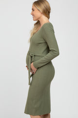 Light Olive Ribbed Knit Waist Tie Maternity Midi Dress