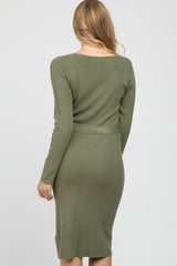 Light Olive Ribbed Knit Waist Tie Maternity Midi Dress