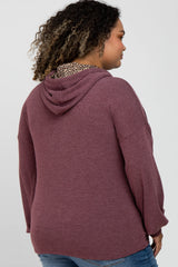 Burgundy Animal Print Drawstring Maternity Plus Hooded Top