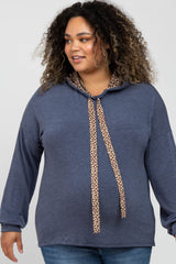 Navy Blue Animal Print Drawstring Maternity Plus Hooded Top