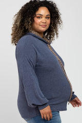 Navy Blue Animal Print Drawstring Maternity Plus Hooded Top