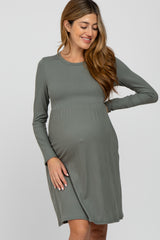 Grey Ribbed Knit Long Sleeve Maternity Dress