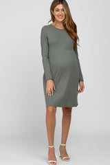 Grey Ribbed Knit Long Sleeve Maternity Dress