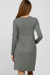 Grey Ribbed Knit Long Sleeve Maternity Dress