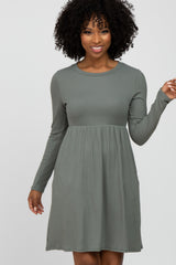 Grey Ribbed Knit Long Sleeve Maternity Dress