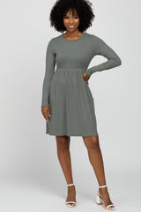 Grey Ribbed Knit Long Sleeve Dress