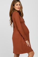 Rust Ribbed Knit Long Sleeve Maternity Dress