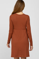 Rust Ribbed Knit Long Sleeve Maternity Dress