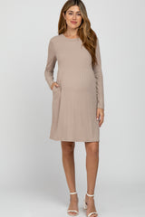 Beige Ribbed Knit Long Sleeve Maternity Dress