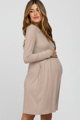 Beige Ribbed Knit Long Sleeve Maternity Dress