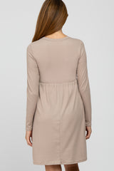 Beige Ribbed Knit Long Sleeve Maternity Dress