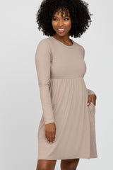 Beige Ribbed Knit Long Sleeve Dress