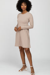 Beige Ribbed Knit Long Sleeve Dress