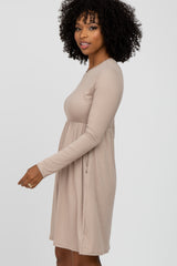 Beige Ribbed Knit Long Sleeve Dress