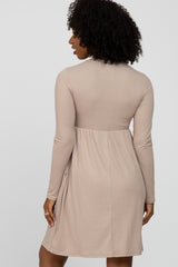 Beige Ribbed Knit Long Sleeve Dress