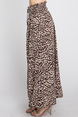 Brown Satin Leopard Drawstring Maxi Skirt