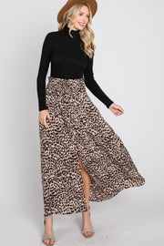 Brown Satin Leopard Drawstring Maxi Skirt