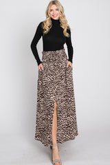 Brown Satin Leopard Drawstring Maxi Skirt