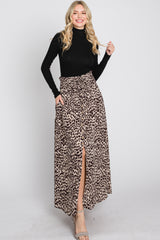 Brown Satin Leopard Drawstring Maxi Skirt