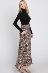 Brown Satin Leopard Drawstring Maxi Skirt