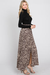 Brown Satin Leopard Drawstring Maxi Skirt