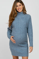 Blue Cable Knit Turtleneck Maternity Sweater Dress