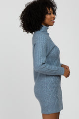 Blue Cable Knit Turtleneck Sweater Dress