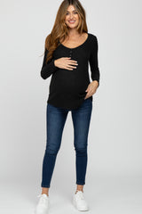 Black Brushed Button Front Maternity Top