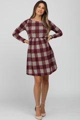 Burgundy Plaid Knit Maternity Dress