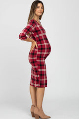Burgundy Plaid 3/4 Sleeve Ruched Maternity Dress