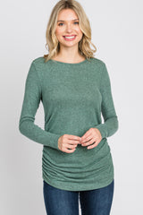 Mint Soft Knit Button Shoulder Ruched Side Top