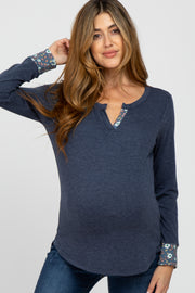 Navy Blue Floral Trim Maternity Top