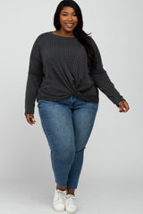 Charcoal Ribbed Twist Front Plus Top