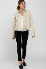 Beige Corduroy Distressed Hem Cropped Maternity Jacket