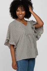 Black Plaid Ruffle Sleeve Top