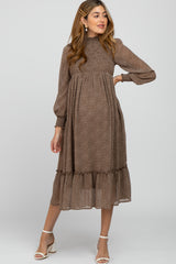 Taupe Animal Print Smocked Mock Neck Maternity Midi Dress