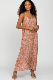 Rust Leaf Print Ruffle Hem Sleeveless Maxi Dress