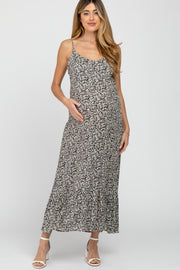 Black Leaf Print Ruffe Hem Sleeveless Maternity Maxi Dress