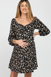 Black Floral Ribbed Ruched Bust Maternity Dress