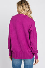 Magenta Mock Neck Exposed Seam Sweater