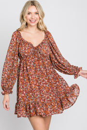 Rust Floral Chiffon Ruffle V-Neck Dress