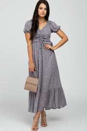 Grey Floral Smocked Puff Sleeve Maxi Dress