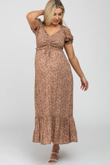 Mocha Floral Smocked Puff Sleeve Maternity Maxi Dress