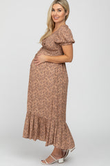 Mocha Floral Smocked Puff Sleeve Maternity Maxi Dress