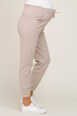 Beige Ribbed Drawstring Maternity Joggers