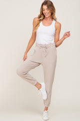 Beige Ribbed Drawstring Maternity Joggers