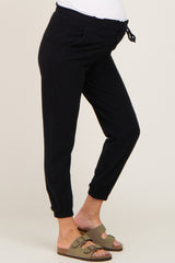 Black Ribbed Drawstring Maternity Joggers